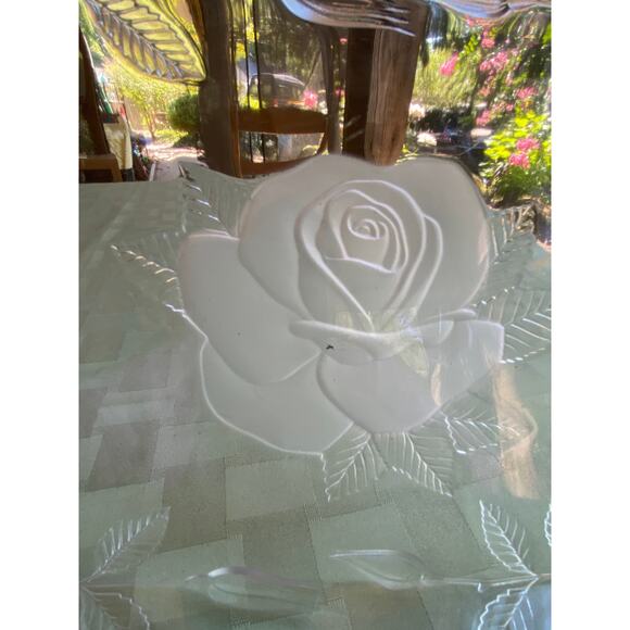 Cristal d'Arques Clear & Frosted Glass Tray with Roses 14 in X 8.25 in France - Picture 4 of 14